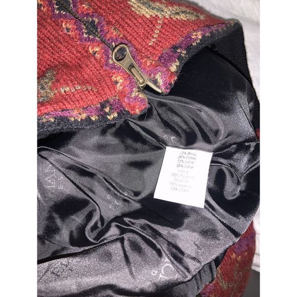 Icelandic Design Wool Size Medium Deep Red Floral Zip Up Jacket Lined Cardigan - Picture 5 of 7